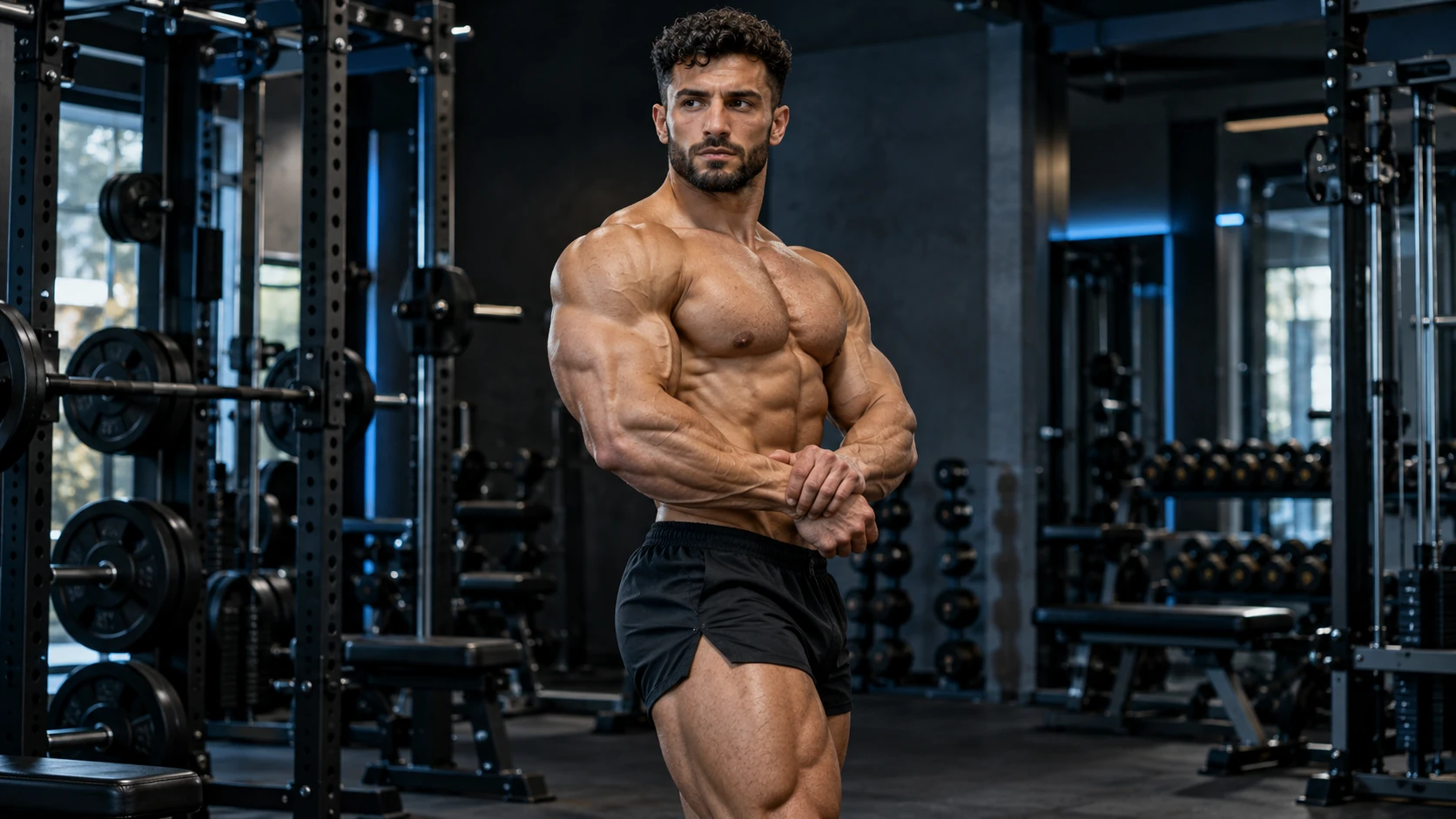 Bearded adult bodybuilder holding a side pose in a gym with blue lighting
